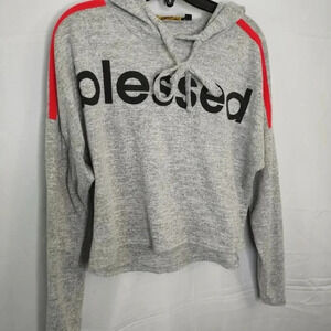 Rags To Riches "Blessed" Graphic Cropped Sweatshirt Lrg Oversized Gray Red Trim